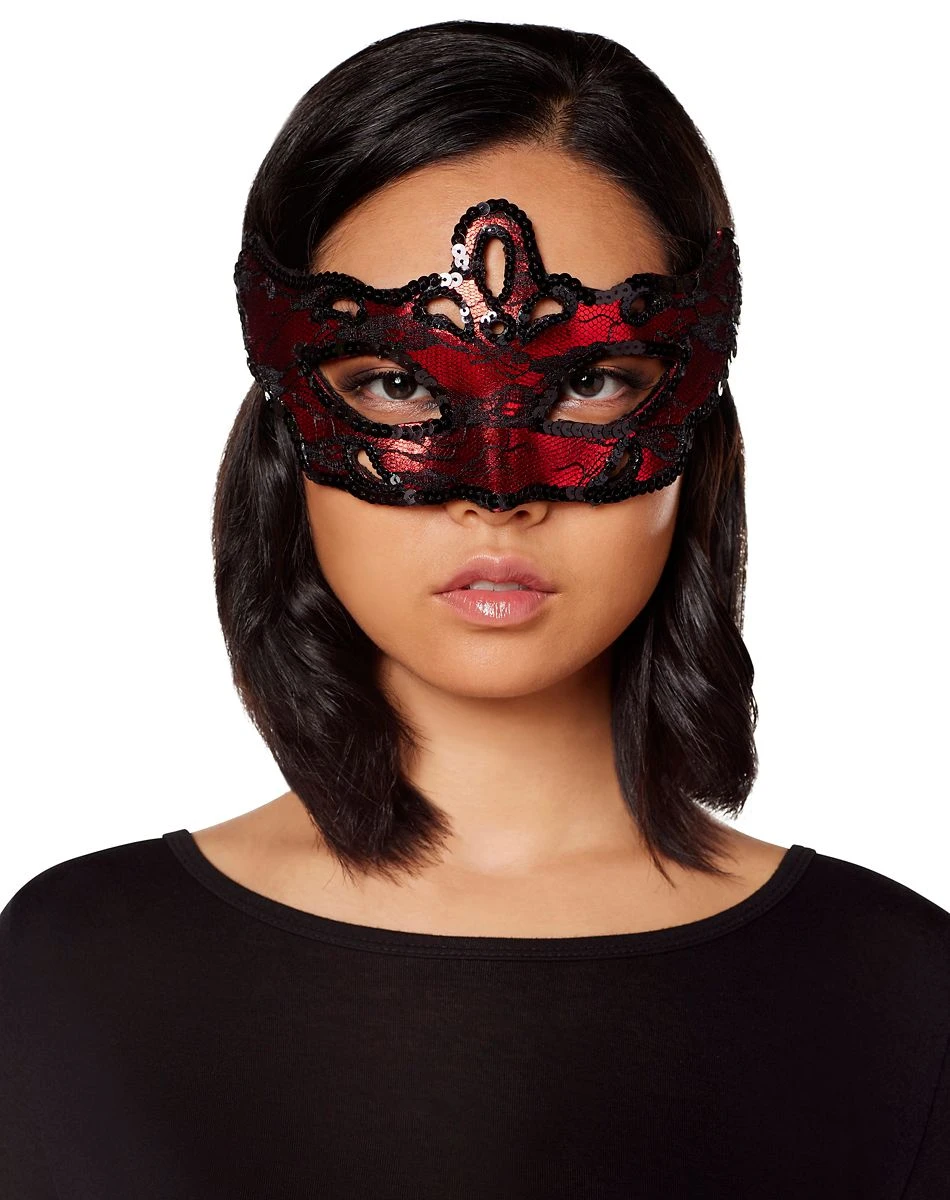 Spirit Halloween Red and Black Lace Sequin Eye Half Mask 3 Spirit Halloween Red and Black Lace Sequin Eye Half Mask